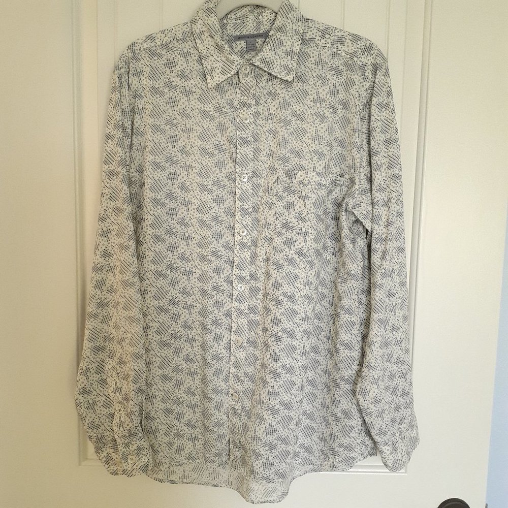 Martin Gordon Linen Long Sleeve Button Up Shirt White Blue & Black Print Size L